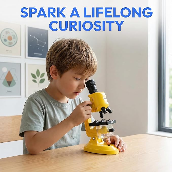 Little World Kids Microscope with LED Light - 100X/400X/1200X Magnification | Beginner science kit, includes prepared 12 slides, monocular view, educational STEM gift for ages 5-12, Yellow