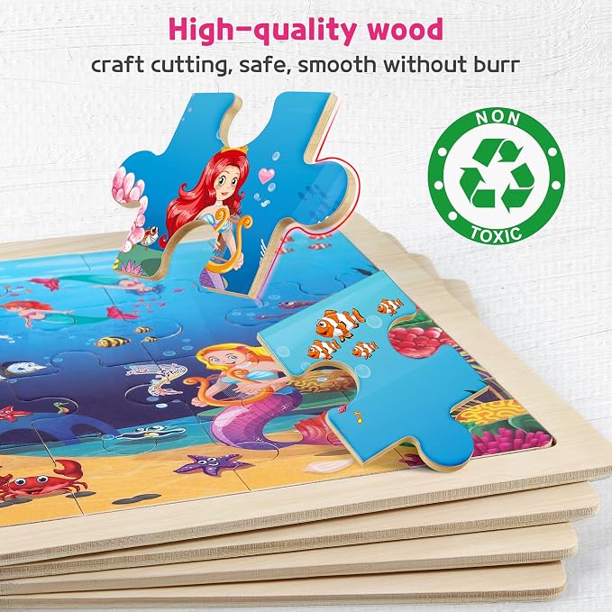 SYNARRY Large Unicorn Mermaid Princess Fairy Wooden Puzzles for Girls 4-6 | Unicorn Mermaid Puzzles for Kids Ages 3-5, Birthday Gifts for Girls, Educational Princess Fairy Toys, Screen-Free Play