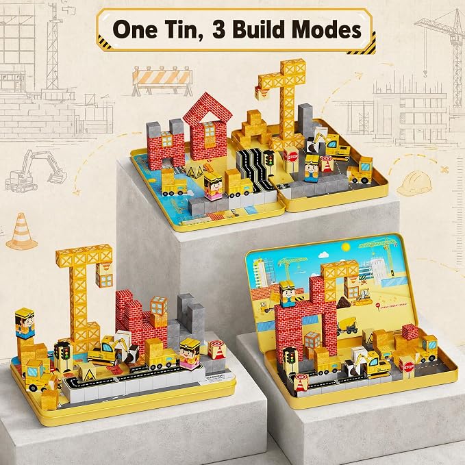Magnetic Engineering Travel STEM：100PCS Blocks Kit for Boys Ages 3-8 | N32 Strong Magnets, 300+ Builds, 60+ Min Focus, 675g Ultra-Slim Tin, 1-Min Storage, ASTM Certified, Ideal for Travel