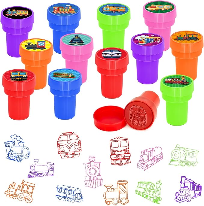 Cinrobiye 24 Pcs Train Stampers Party Favor Set, Cute Railway Train Stamps for Kids Birthday Party, Classroom Rewards, Carnival Prizes, Goody Bag Fillers, Transportation Themed Party Supplies