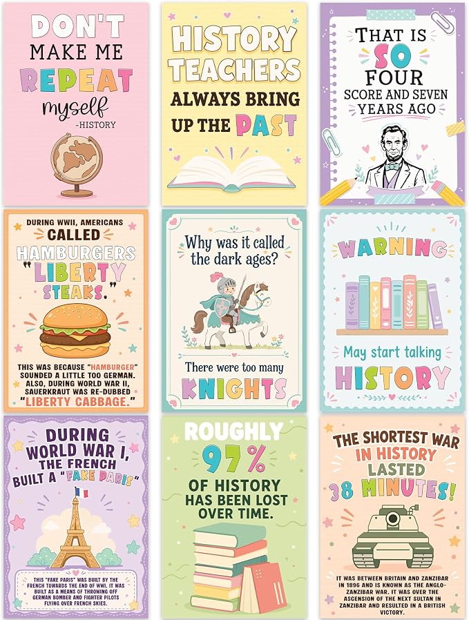 Funny History Posters Set of 9, History Classroom Decor, 10x14 Inch | history classroom decor social studies classroom decorations history posters social studies posters history posters