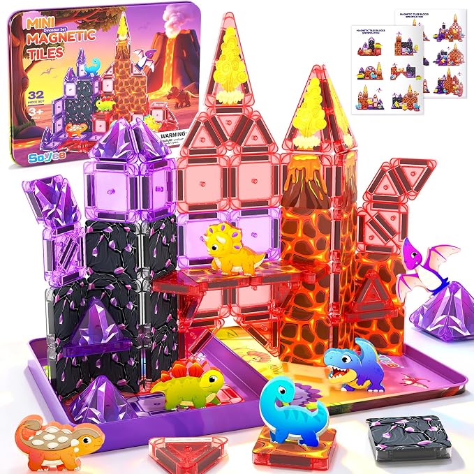 Mini Magnetic Tiles Kids Dinosaur Toys, Magnetic Blocks with 6 Dinosaurs | Road Trip Essentials for Car & Airplane Magnet Tiles STEM Construction Building Toys, Gifts & Toys for Boys Girls Ages 3-12