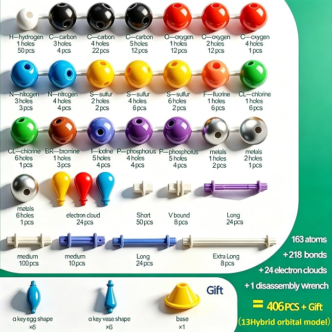 EXBEPE 406 Pcs Chemistry Molecular Model Kit,Organic & Inorganic Molecule Building Set,STEM Educational Science Supplies for Middle High School College Students,Student Learning Gift