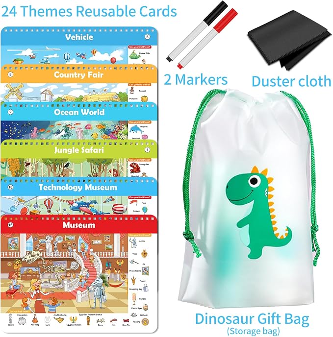 Elfew Search and Find Reusable Activity Book for Kids 3-5 4-8, Travel Games | 24 Unique Themed, Wipe Clean Educational Toys, Car Games Travel Toys for Toddlers, Kids Airplane Road Trip Travel Essentials