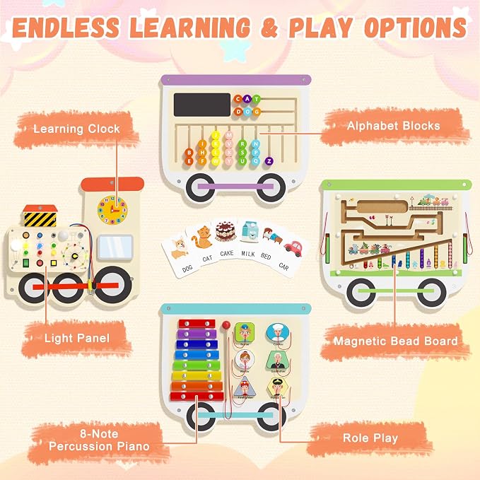 Montessori Sensory Board - Electric Train Wooden Wall Busy Board, Toddler Learning Panel Wall-Mounted, Interactive Playroom Activity Gifts for Kid, Educational Toys for 3-6 Years (Colorful Train)