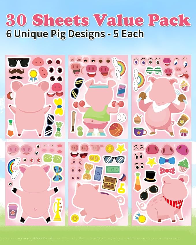 Aowplc 30 Make a Pig Sticker Sheets for Kids | Cute Piggy Mix & Match Crafts, Party Favors & Birthday Decorations