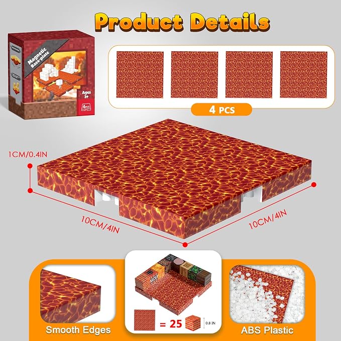 4PCS 4" x 4" Magnetic Building Block Base Plates for Kids, Strong Grip Magnetic Tiles Base Compatible with Most Popular Magnetic Blocks & Cubes, STEM Educational Toys for Boys Girls Ages 3+ (Lava)