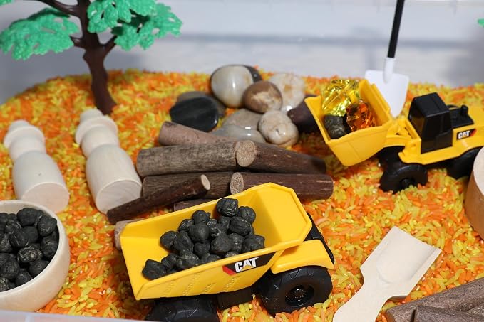Construction Sensory Bin Kit for Kids | Taste-Safe Rice, Realistic Rocks & Logs, Wooden Tools & Vehicles – Includes Storage Bin – Montessori-Inspired Sensory Play