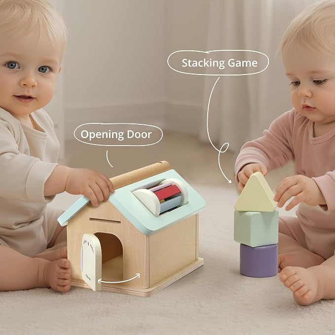 Pillowhale Montessori Activity Cube for Toddlers 12 Months+, Wooden 5-in-1 Learning Toy with Object Permanence Box, Shape Sorting & Stacking, Fine Motor Skills Toy for Baby Boys Girls