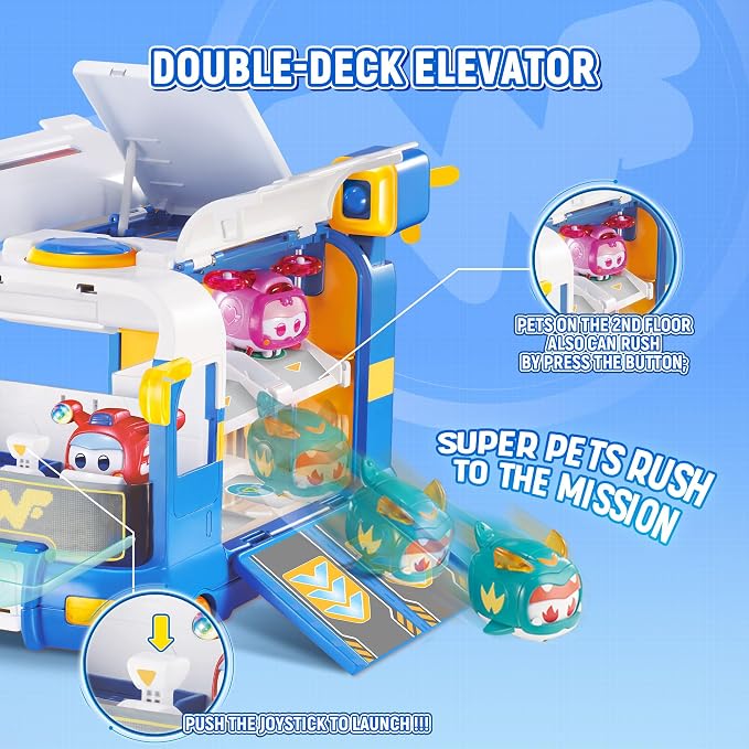 Super Wings Season 7 New Super Pets' Mini Base，Transforming Playset from Bus to Aircraft, with Super Pet Jett & Dizzy, Role Play Toys for Kids, Gifts for Girls Boys Age 3+