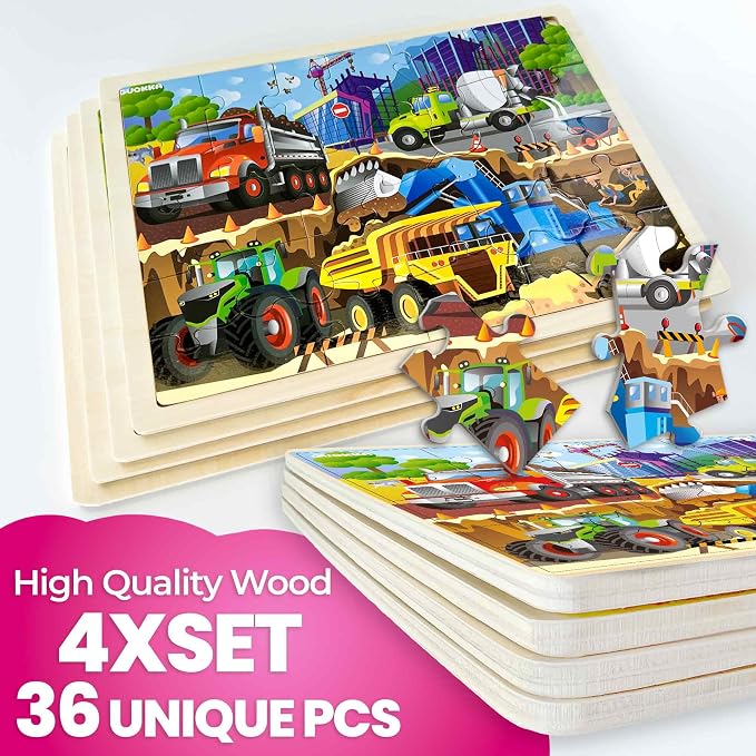 QUOKKA 4SET Puzzles for Kids Ages 4-6 - 36 Pcs Wooden Realistic Montessori Toddler Puzzles Ages 3-5 - Animals Dinosaurs Learning Games for Boys and Girls 4-8 Year Olds