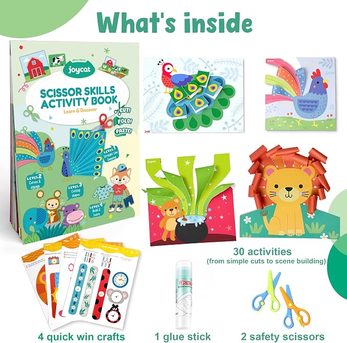 JoyCat Scissor Skills Activity Kit, Toddler Scissors Ages 3-5, Animals | Preschool workbook with 34 animal activities, scissors for kids and glue for 4-level toddler arts and crafts.