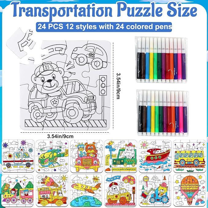 Transportation Puzzle Craft for Kids-Train Party Favors DIY Activities Toys | 24Pcs Color Your Own Car Blank Jigsaw, Fall Classroom Gift for Toddlers & Adults Art Party Favors Coloring Game Supplies Bulk