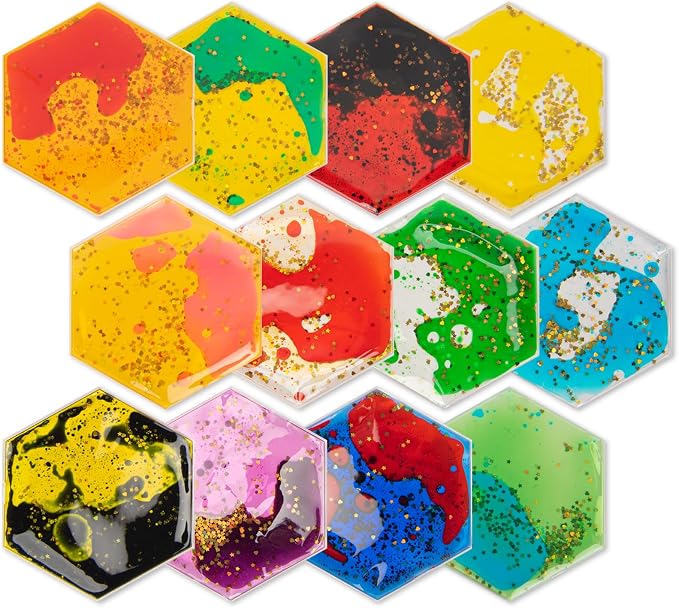 Art3d Hexagon Sensory Fidget Multicolor Liquid Motion Tiles, 12-Pack | Lightweight, Boost Focus, Relieve Anxiety, Eco-Friendly, Varied Colors & Shapes, Suitable for Kids, Teens