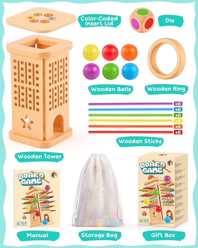 Montessori Board Game for Kids 4-6, Wooden Colorful Sticks Ball Drop Games | Color Matching Educational Toy for 3 4 5 6 Year Olds, Fine Motor Skills, Family Travel Game, Birthday Gift for Boys & Girls