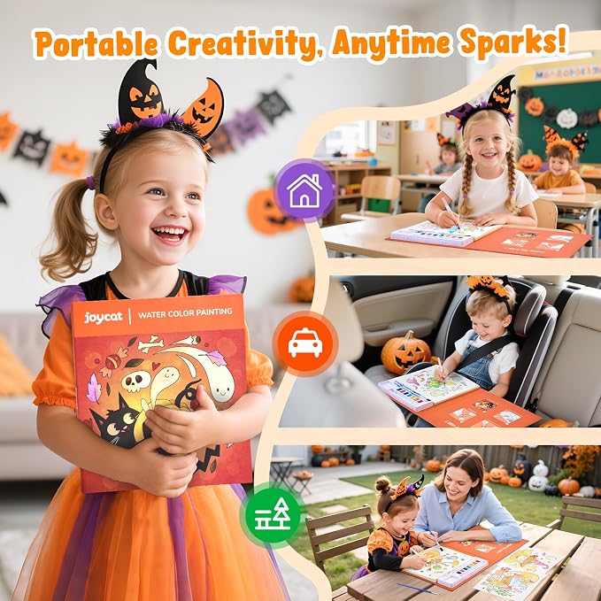 JoyCat Paint with Water Coloring Books for Toddlers (Halloween) | Watercolor Painting Set for Kids Ages 3-5 & 4-8, Arts & Crafts Drawing Activity Travel Toy, Birthday Gifts for Boys & Girls