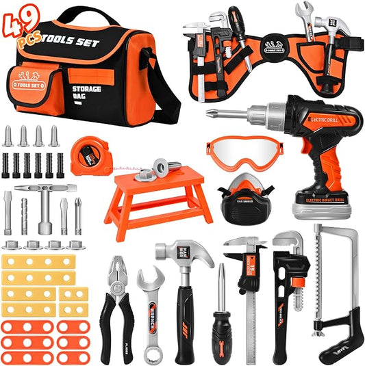 Kids Tool Set 49 PCS, Portable Tool Bag with Battery Powered Toy Drill & Adjustable Belt, Pretend Play Toddler Tool Set, Construction Toys for Boys & Girls Age 3-8, STEM Gifts
