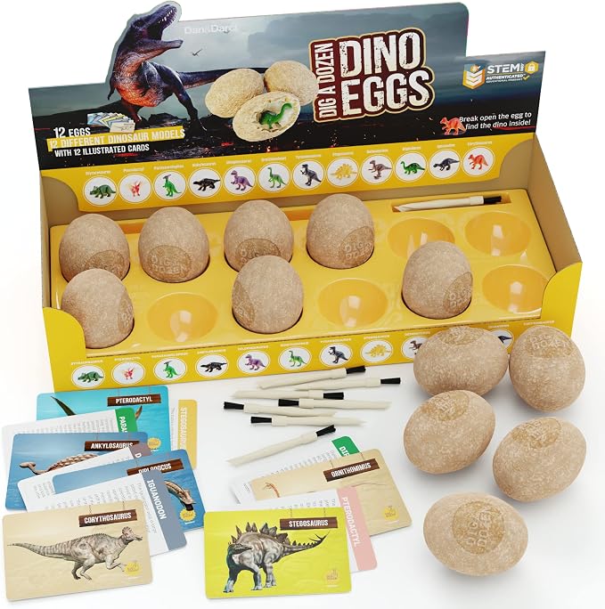 Dig a Dozen Dino Egg Kit for Kids - 12 Eggs & Surprise Dinosaurs | Dinosaur Toys Gift 3-12 Year Old - Science STEM Activities - Boy Toy Party Gifts for Boys & Girls - Basket Stuffers