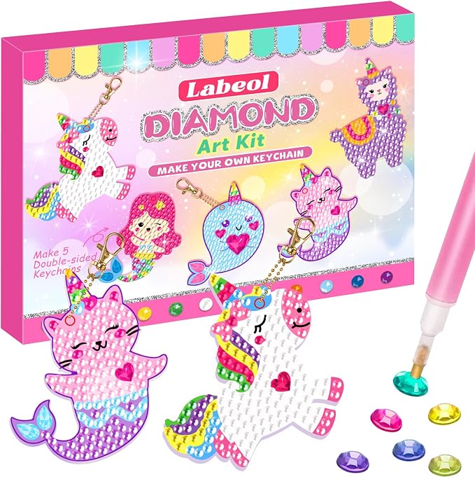 Labeol Arts and Crafts for Kids - Creat Your Own GEM Keychains-5D Diamond Painting by Numbers GEM Kits for Kids Girls Toddler Age 6-7 6-8 10-12