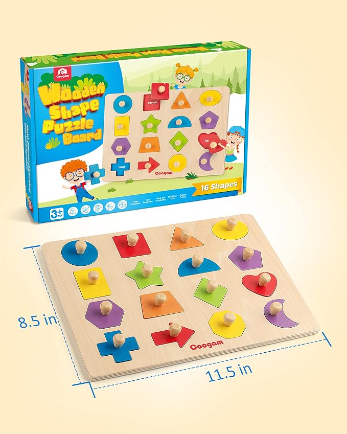 Coogam Montessori Toy Wooden Shape Peg Puzzle, Fine Motor Color Matching Sorting Board, Early Learning Educational Activity Toy Gift for Preschool Toddler Baby 3 4 5 Year Old