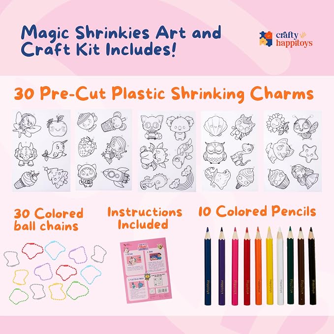 Shrink Art Kit - Color & Bake 30 Pre Cut Charm Sheets into Kids Keychains | Kids color 30 pre-cut shrink plastic charms, bake & watch them shrink into keychains - 10 colored pencils included