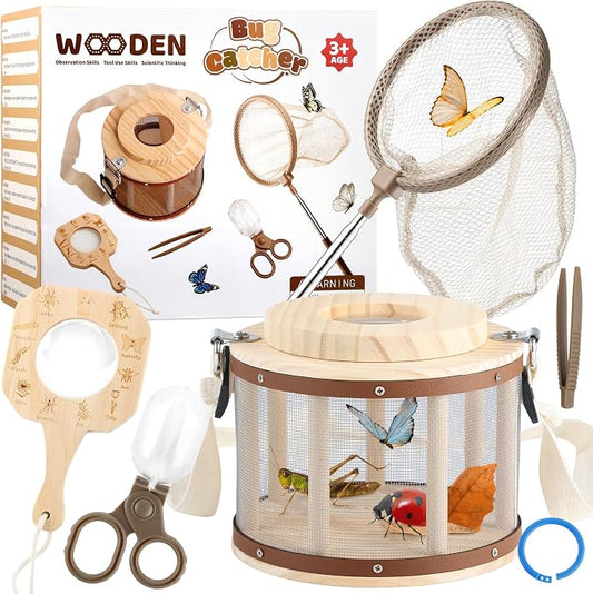 GAGAKU Wooden Bug Catcher Kit for Kids 4-8, Outdoor Explorer Set with Expandable Butterfly Net, Magnifying Glass, Tweezers, Educational Catching Toy for Backyard Camping, Gift for Boys Girls