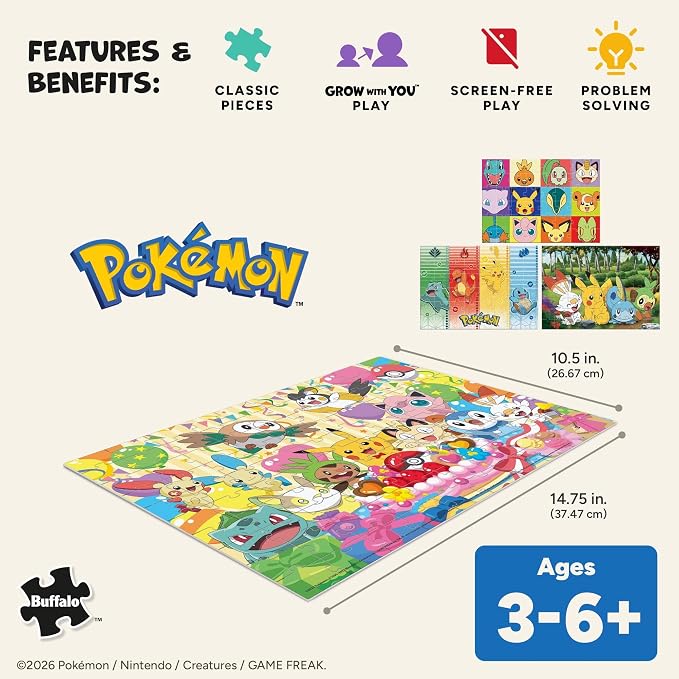 Buffalo Games - Pokémon - 4 Pack 500 Piece Puzzles for Kids Ages 3-6+ | Made in USA, Includes Poster, Giftable Display Box, Frameable Art
