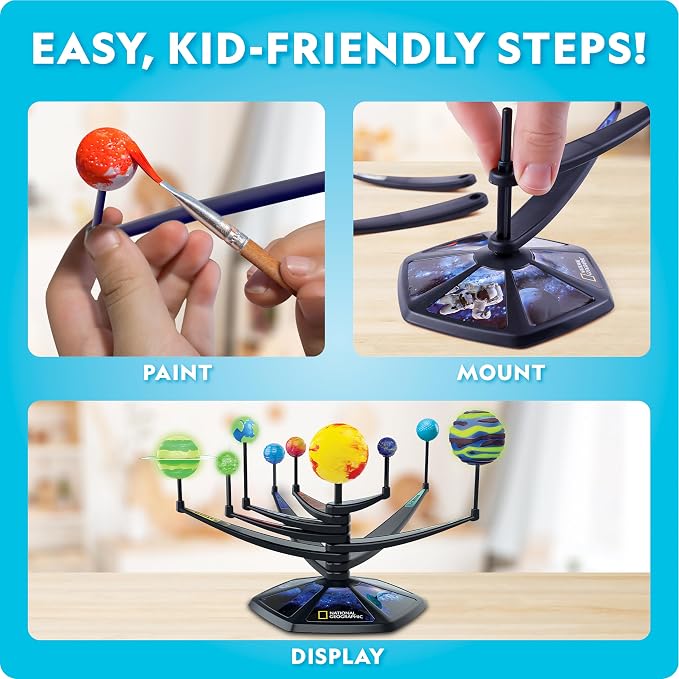 National Geographic Glow in the Dark Solar System Model for Kids Ages 8-12 | Build and Paint 3D Planets with Movable Arms, Space Bedroom Decor, Astronomy STEM Project, Birthday Gift