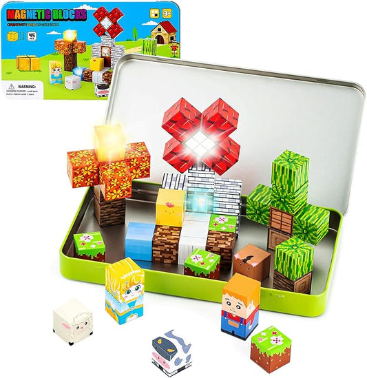45PCS Magnetic Blocks for Kids with Portable Iron Box Farm Theme | Mini Cubes, Travel Essentials for Airplane, Car, Ride Road Trip, STEM Learning Toy Gift Idea for Toddlers Boys, Girls Ages 3+