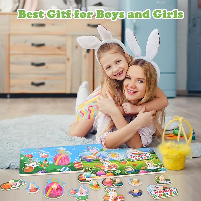 Easter Basket Stuffers-2 Pack Easter Puzzles | Wooden Peg Puzzles for Toddlers 1-3, Montessori Learning Toys, Easter Basket Fillers Gifts Party Favors for Kids Boys Girls