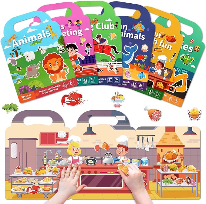 Jelly Sticker Books for Kids 2-4,5 Set Reusable Sticker Activity Books for Toddler 1-3, Travel Toys for 2+ Boy Girl (6 Set - Animals+Vehicles+Ocean Animals+Sports+Kitchen Fun+Horse Riding)