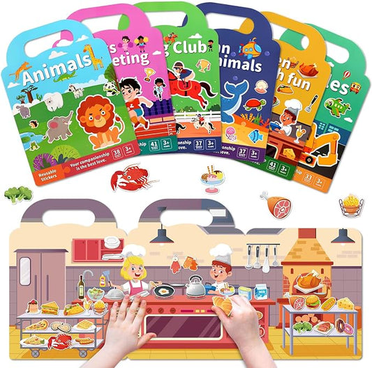 Jelly Sticker Books for Kids 2-4,5 Set Reusable Sticker Activity Books for Toddler 1-3, Travel Toys for 2+ Boy Girl (6 Set - Animals+Vehicles+Ocean Animals+Sports+Kitchen Fun+Horse Riding)