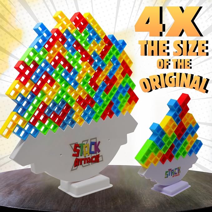 Stack Attack XL Family Tower Game, Giant Balance Game for All Ages | 100 pieces, 36 challenge cards, giant tabletop game, family game night, balance stacking fun, gift for kids and adults