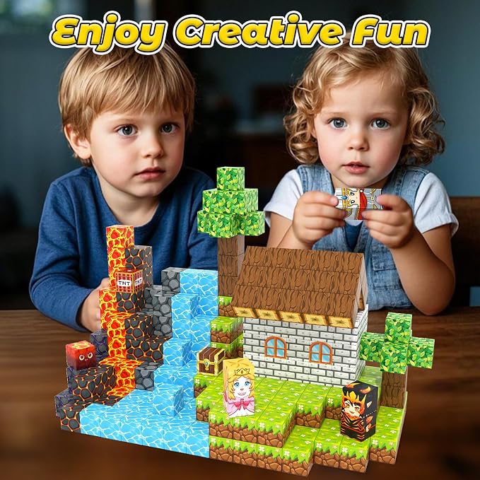 100PCS Magnetic Blocks -Build Mine Magnet World Forest & Lava Set, Magnet Building Toys for Kids Ages 5-7, STEM Sensory Toddler Toys for 3+ Year Old Boys & Girls, Creativity Birthday Gifts for Child