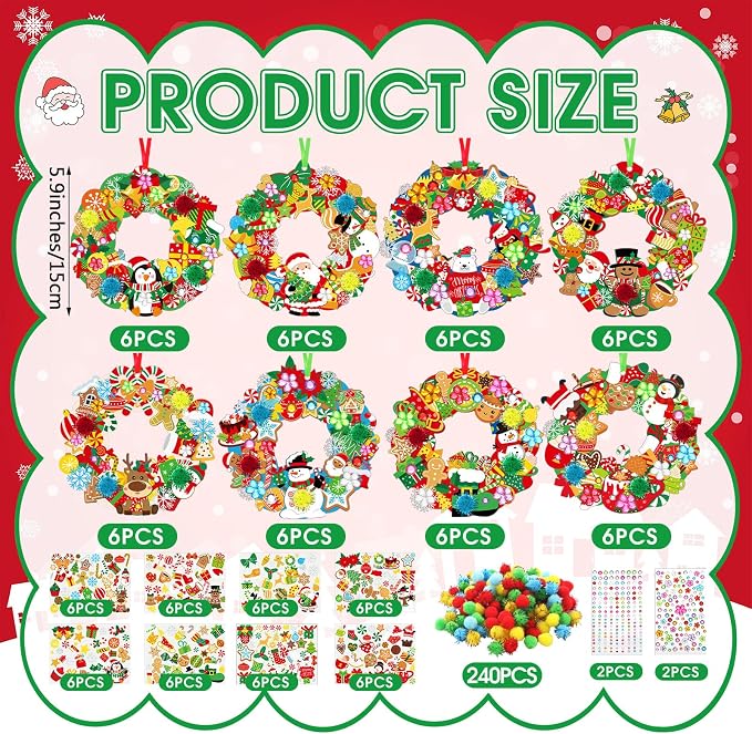 Hollowfly 48 Sets Christmas Wreath Craft Kits with Stickers | 8 Santa, Elk and Penguin Designs, 7.09 in Paper Hanging Ornaments for Christmas Parties and Classroom Activities