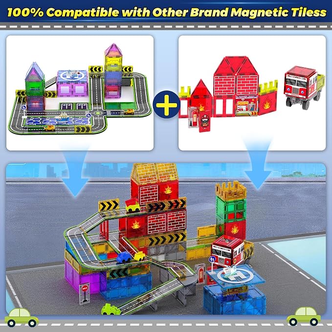 Magnetic Tiles,121PCS Magnet Tiles Road Set with Pullback Cars for 3+ year old Boys,Magnetic Toys for Kids Ages 4-8 with Ship,Airplane,Traffic Sign,STEM Classroom Educational Birthday Gifts Toys