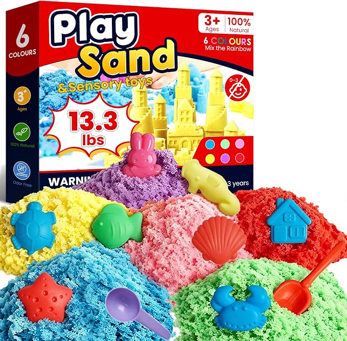FURWEY Play Sand Set,13.3lbs Colorful Sensory Sand,15 Tools Molds,Art Kit | Play Sand Art Kits for Children Ages 3+ to Relaxing Creative Activities, Sensory Play Set with Tools