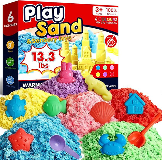 FURWEY Play Sand Set,13.3lbs Colorful Sensory Sand,15 Tools Molds,Art Kit | Play Sand Art Kits for Children Ages 3+ to Relaxing Creative Activities, Sensory Play Set with Tools