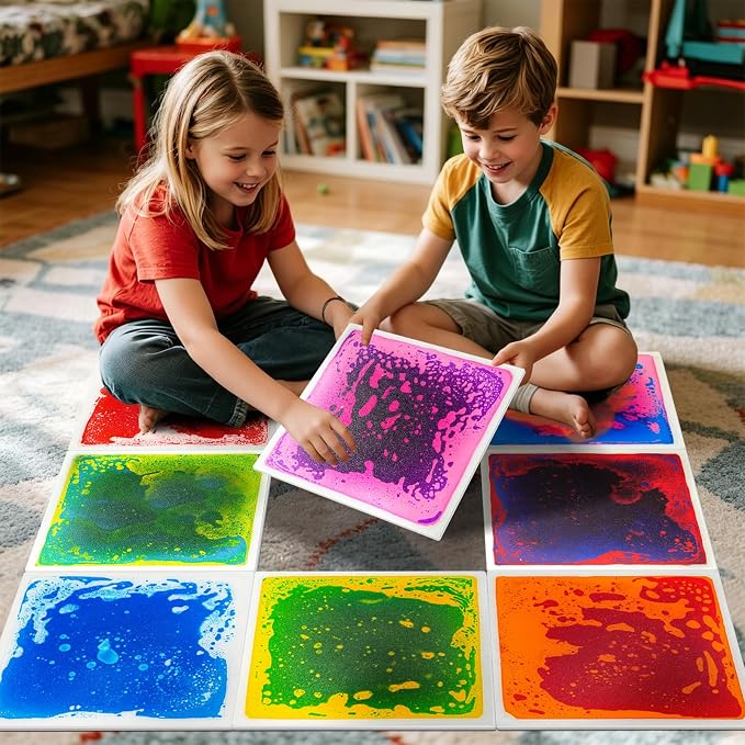 Liquid Sensory Floor Tiles for Kids Ages 3+, 12" Step-On Tiles with Non-Slip Base, Interactive Color-Flow, Assorted Colors, Classroom Sensory Path Set (6-Pack)