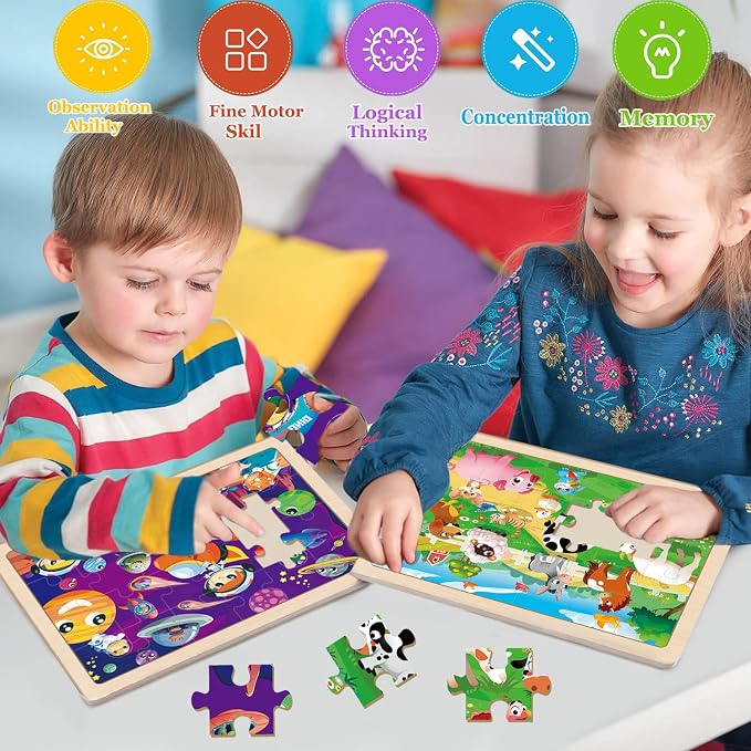 Wooden Puzzles for Kids Ages 4-6, 6 Packs 24 PCs Wood Dinosaur Animals Jigsaw Puzzles for Toddlers Ages 3-5, Preschool Educational Learning Puzzles Toys Gifts for Boys and Girls