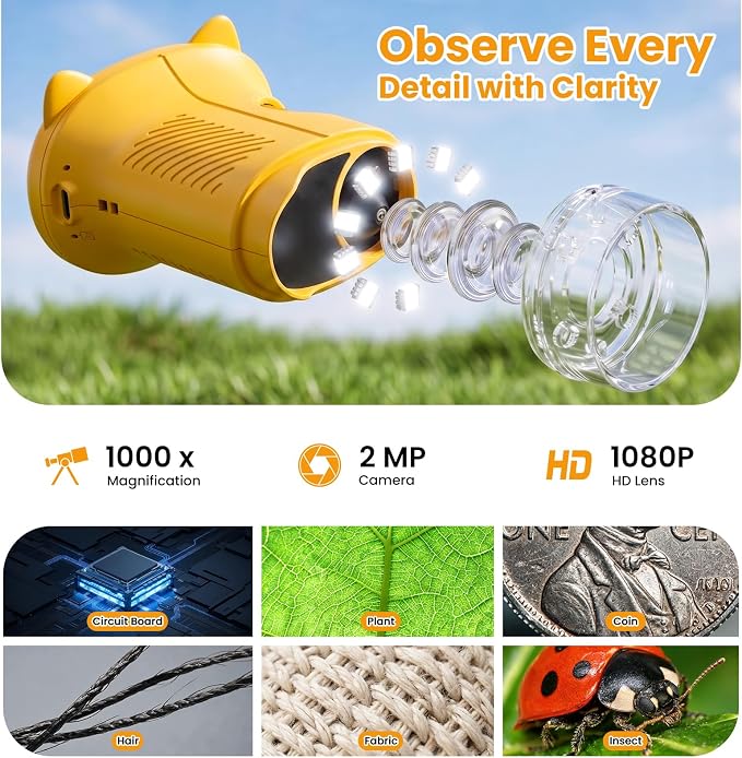 Alotwan Kids Microscope Handheld, Digital 1000X, 2.4" HD Screen | Pocket Size, Miniscope, Camera, Magnifying Glass, Outdoor Play, Science STEM Toys, Gifts for 3+ Ages, Yellow