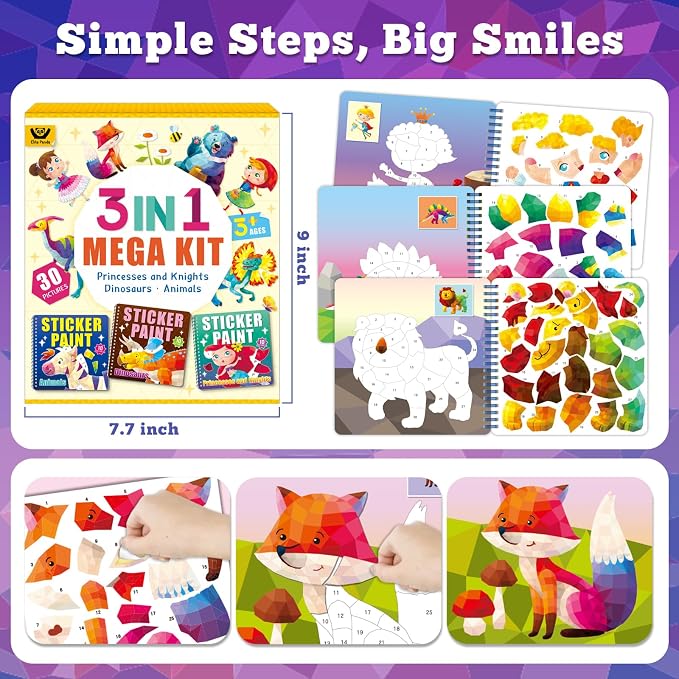 Elite Panda Sticker by Number Books for Kids Ages 4-8, 3-Pack, Mermaid Dino | 30 Sticker Pictures. Paint with Stickers Activity for Girls & Boys. Travel Toys, Car Rides & Quiet Time. Birthday Gift