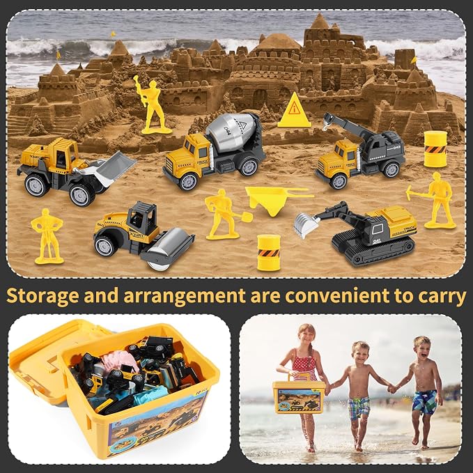 HONGTUO Play Construction Sand Kit, 2.2lbs Magic Sand, Inflatable Sandbox | 8 Alloy Construction Vehicles, 8 Worker Figures, Road Signs, 6 Castle Molds, Storage Box, Sensory Toys, Gift for Kids Ages 3+