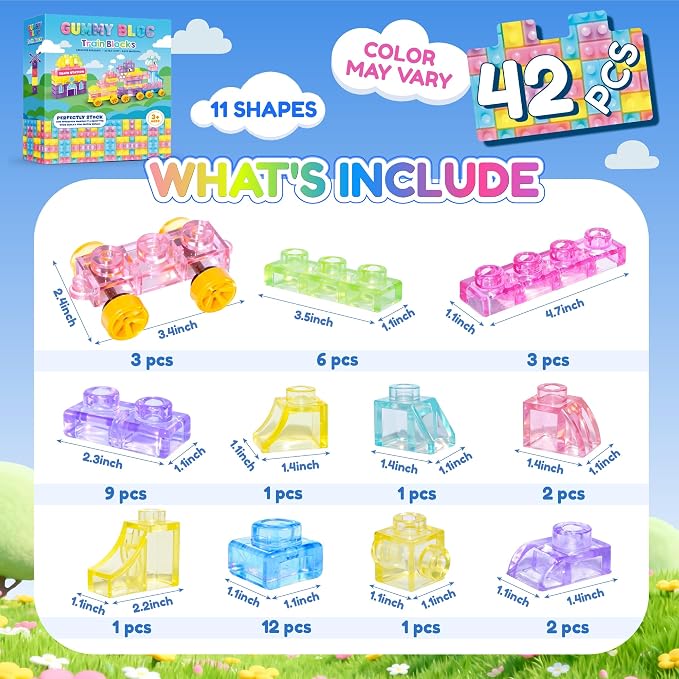 42PCS Soft Train Sensory Building Blocks with Wheels,Squishy Stacking Toy | Preschool Educational Creative Play, Montessori Squeezable, Stretchable Early Learning Construction Playset, Puzzle Blocks