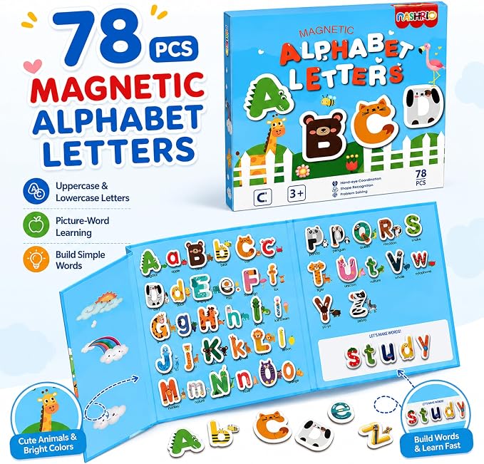NASHRIO Magnetic Alphabet Letters for Kids Ages 3-5, ABC Learning Toys with Animal Words, Educational Preschool Toys, Montessori Early Learning Magnetic Book Set for Boys and Girls 3 4 5