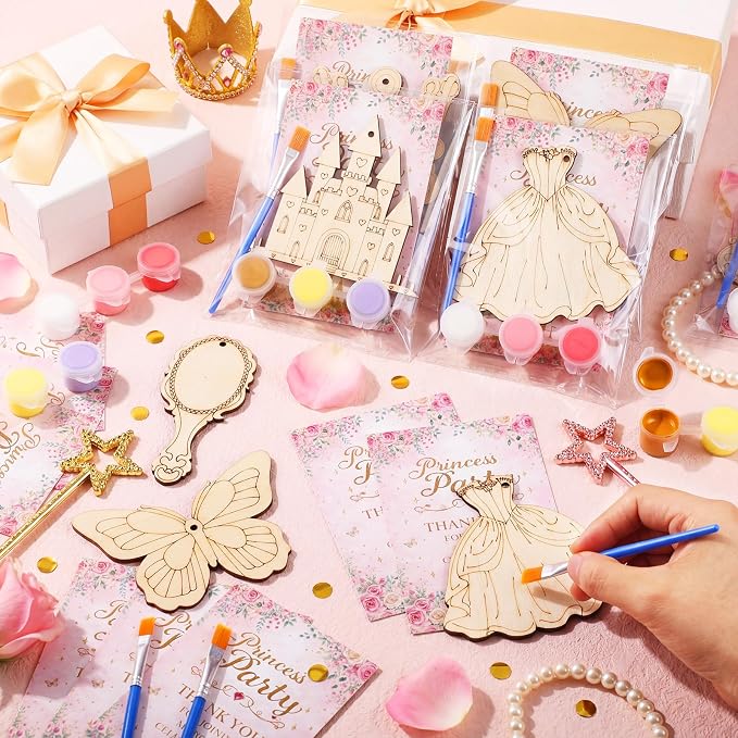 Saypacck 24 Pcs Princess Party Favors Wooden Paint Craft Kits | Organza Bags for Goodie Fillers, Princess Games Activities, Party Decorations, 8 Designs Include Paints and Paintbrush