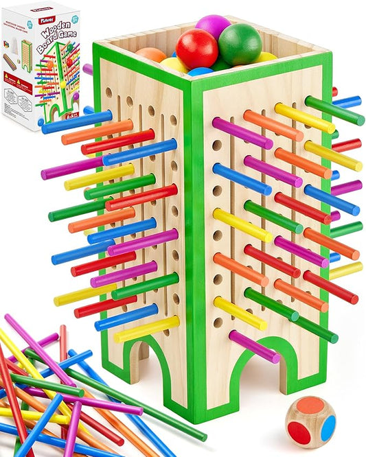 Montessori Wooden Board Game Ages 4-8 Fine Motor Toy | Water-Based Paint, Smooth Finished Edges, Family Night, Color Matching, 12 Balls, Storage bag, Ideal Gift