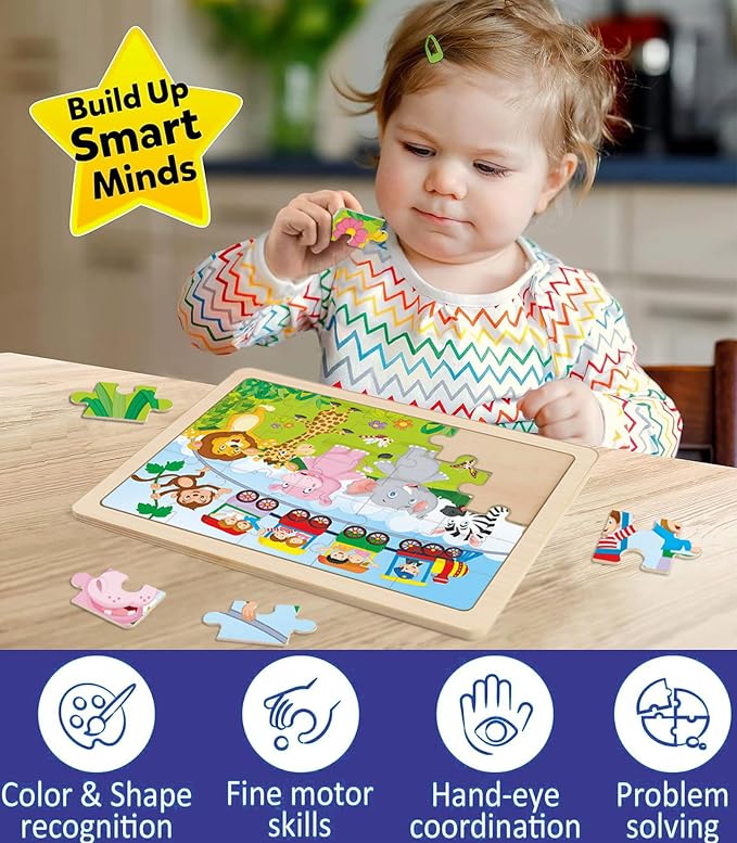 Wooden Jigsaw Puzzles for Kids Ages 4-6, 4-Pack 24-Piece Puzzles Toy | Wood Puzzles Set, Toddler Brain Teaser Toys, Gifts for Boys Girls Ages 3 4 5 6