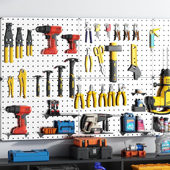 Peg Board, 114PCS Heavy Duty Metal Pegboard with Hooks, 8 Pack White Peg Board Panels, 60lbs Load Capacity Each, Pegboard Wall Organizer for Garage, Workshop, Kitchen, Craft Rooms