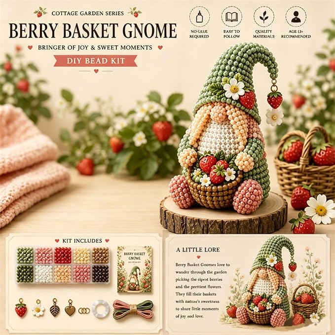 3D Beaded Gnome Craft Kit, 7.1in Non Slip Stable Structure Bead Threading Project Box, Handmade Gnome DIY Toy Set with Charms for Kids Ages 6 Plus Adults